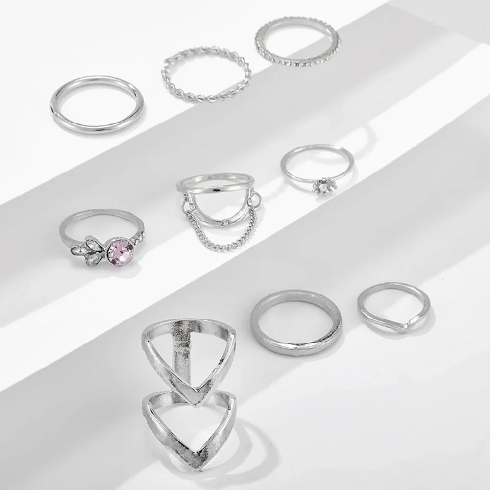 *CONSTANCE* 9-Pc Silver Chain Fashion Ring Set